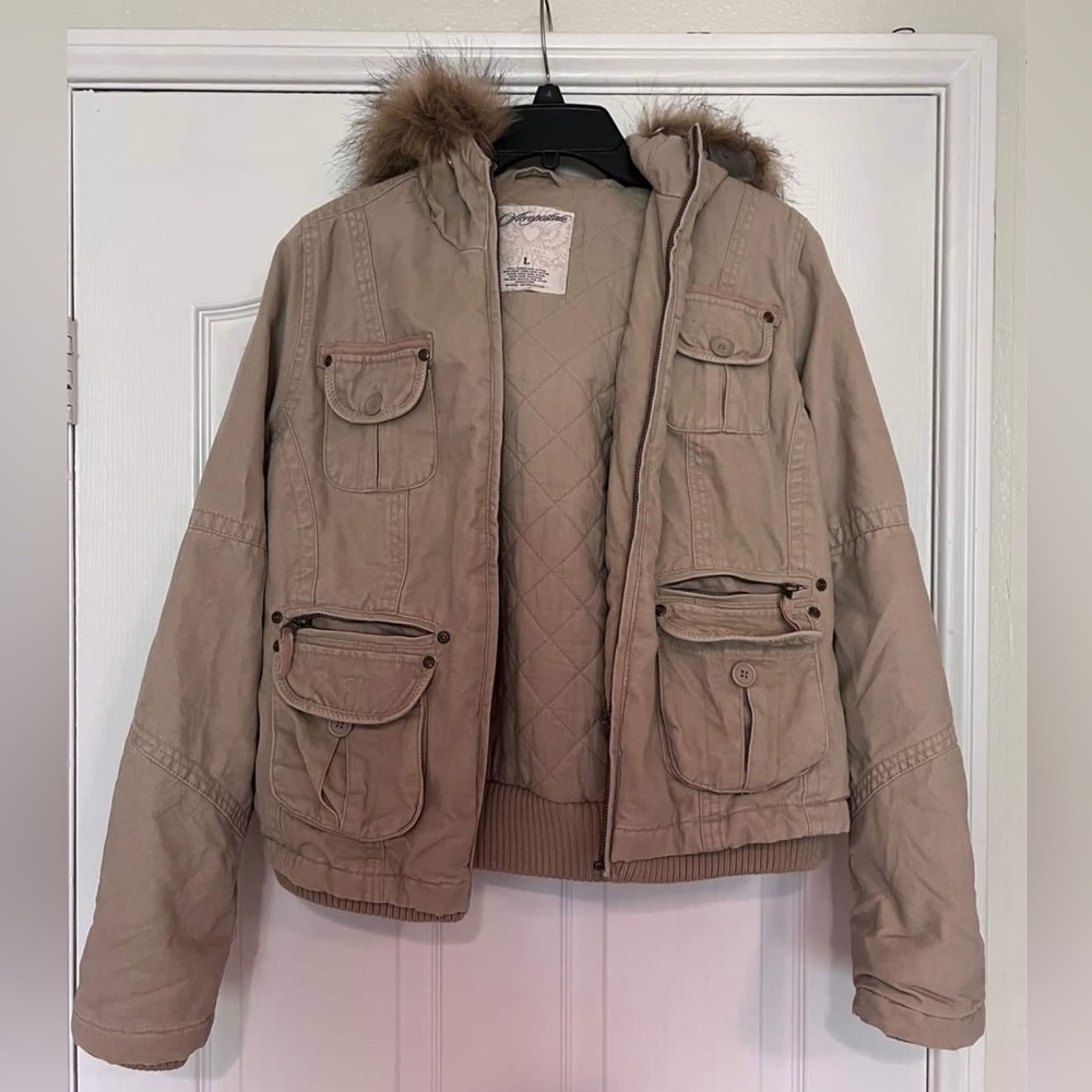Aeropostale Tan Cargo Jacket with Faux Fur Hood